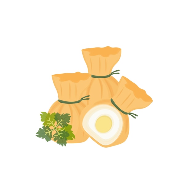 Vector logo illustration of fried dim sum money bag dumplings with egg filling