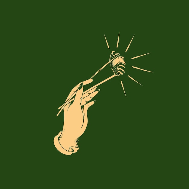 Logo illustration of a hand holding sushi using chopsticks