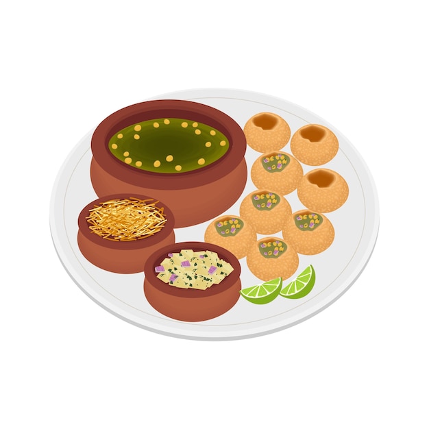 Vector logo illustration line art of pani puri or golgappa on a plate with additional side dishes