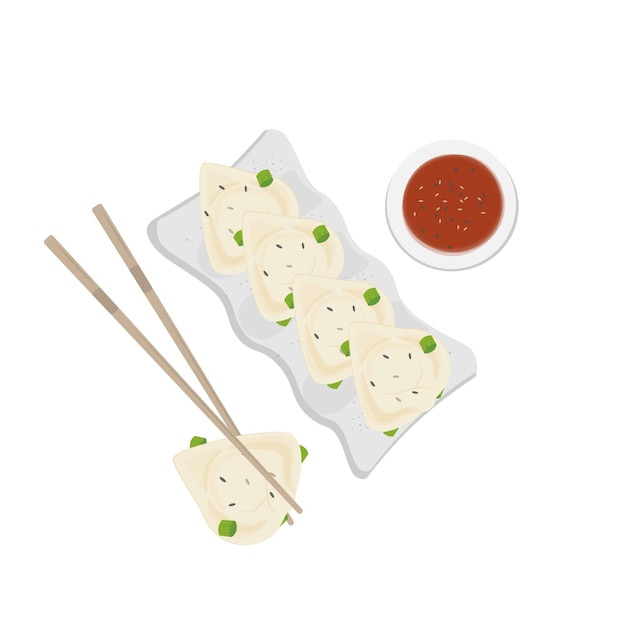 Vector logo illustration of szechuan wonton dumplings on a plate with sauce