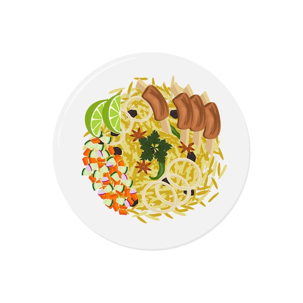 Illustrazione del logo di top view kebuli rice o nasi kebuli su un piatto bianco