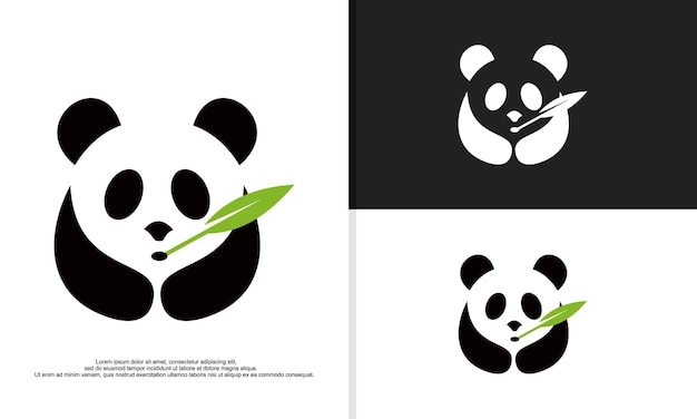 笹の葉を食べるかわいいパンダのロゴイラストベクトルグラフィック