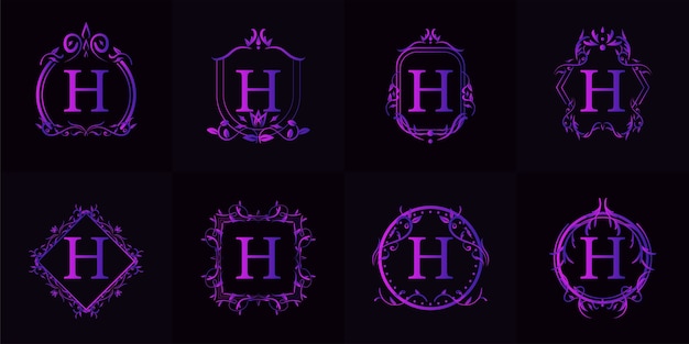 Logo initial h with luxury ornament or flower frame, set collection.