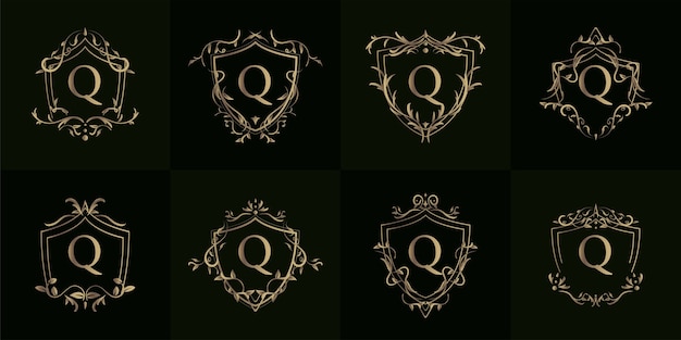 Logo initial q with luxury ornament or flower frame, set collection.