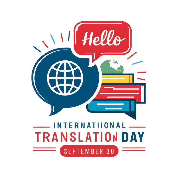 Vector logo for international translation day features a blue speech bubble with a globe and a red speech
