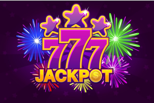 Logo jackpot en 777. schieten van gekleurde sterren en vuurwerk. game banner