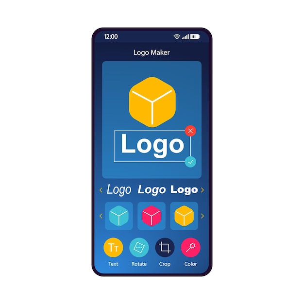 Logo maker app smartphone interface template Online logotype creator builder mobile page layout Business logo generator website application flat UI Brand identity design screen Phone display