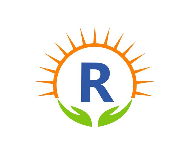 Logo met hand zon en r letter concept letter r charity logo template