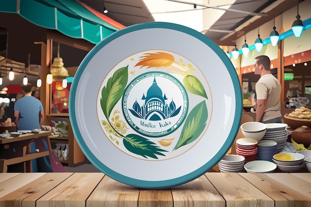 Вектор logo mockup painted onto a ceramic plate at a bustling market