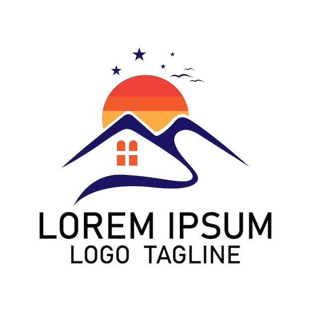 A logo for a mountain and a house with a sunset on it