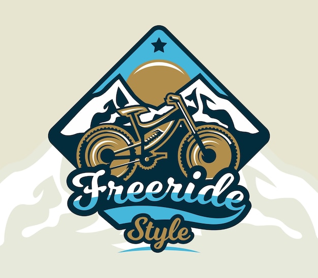 Vector logo mountainbike het embleem van de fiets en de bergen extreme sport freeride downhill crosscountry badges schild belettering vectorillustratie