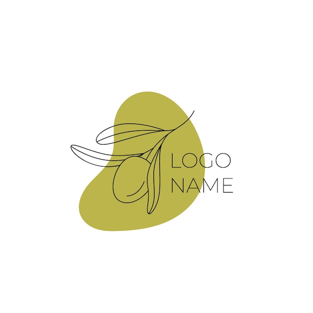 枝にオリーブのロゴ。カラースポットにラインスタイルのモダンなロゴ。ミニマルな花のベクトルイラスト。缶詰のオリーブ、オリーブオイル、オリーブ農園のエレガントなサイン。