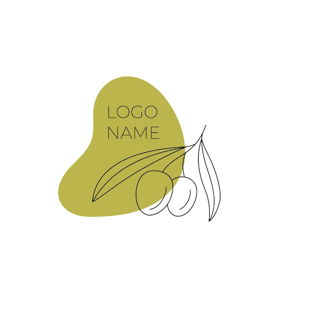 Logo of olives on a branch . Modern logo in line style on color spot. Minimalistic floral vector illustration. Elegant sign for canned olives, olive oil, olive plantation.