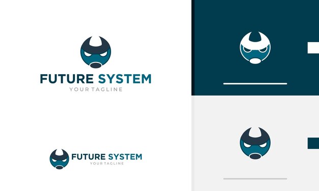 Logo ontwerp icoon symbool geometrisch blauw abstract robot gezicht met oog en mond in boze emotie vorm