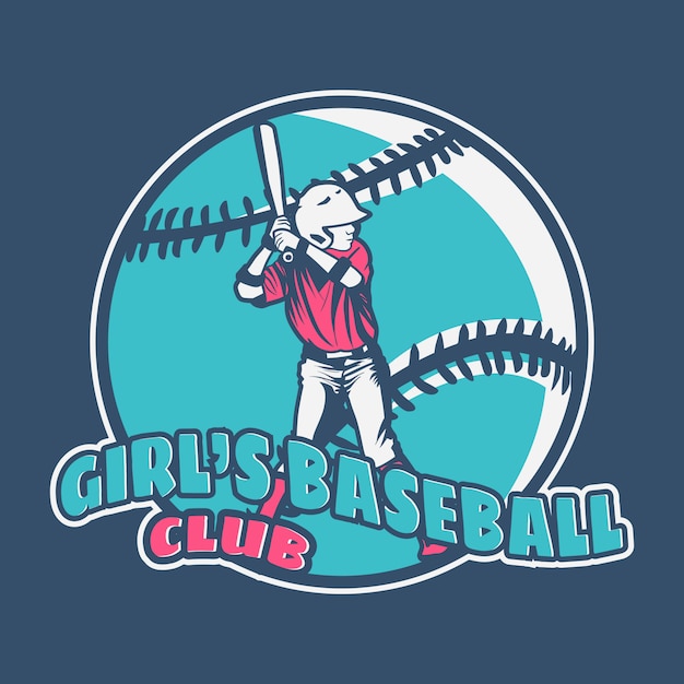 Logo ontwerp meisje honkbalclub met batsman swing klaar positie vintage illustratie