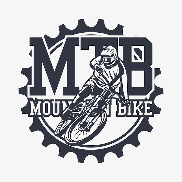 Logo ontwerp mtb mountainbike met man rijden mountainbike vintage illustratie