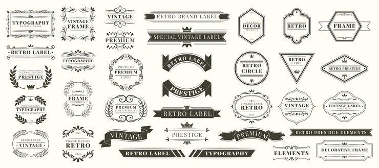 Vector logo ontwerp retro collectie elegante tekst decoratie ornament grafisch etiket geometrisch frame lint swirl luxe kroon antiek elegante filigree vorm vector schitterende kalligrafie