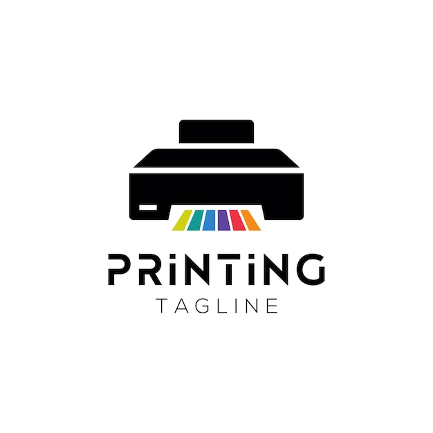 Logo-ontwerp van een bedrijf met printerafbeeldingen en kleurrijke illustratie van grafieklijnen