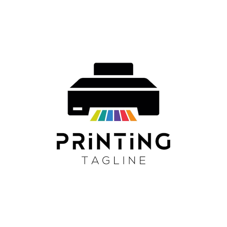 Vector logo-ontwerp van een bedrijf met printerafbeeldingen en kleurrijke illustratie van grafieklijnen