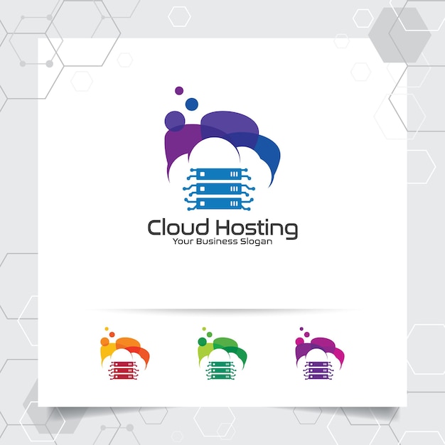 Logo-ontwerp voor cloudhosting met concept van server en cloudvector voor hostingprovider en server