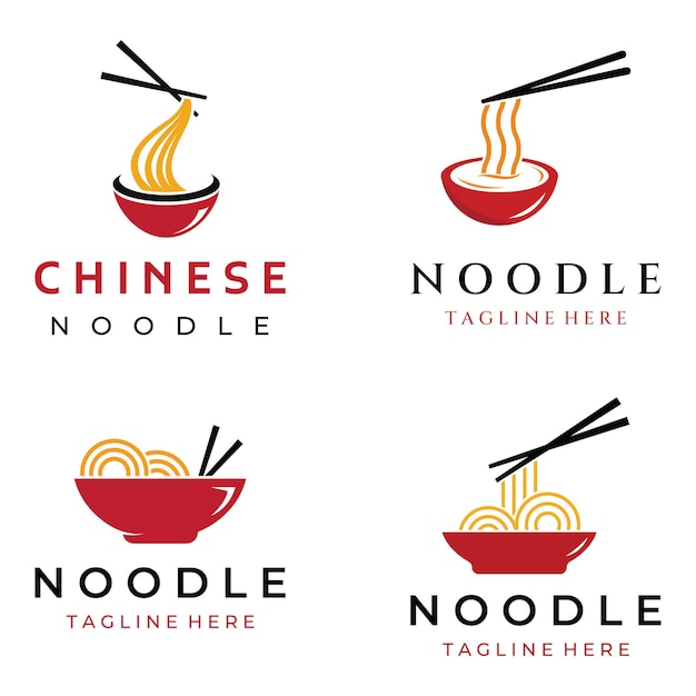 Logo-ontwerpsjabloon voor heerlijke Chinese en Japanse noedelsoep en ramengerechten Aziatische soorten voedsel Logo's voor bedrijven, restaurants, cafés en winkels