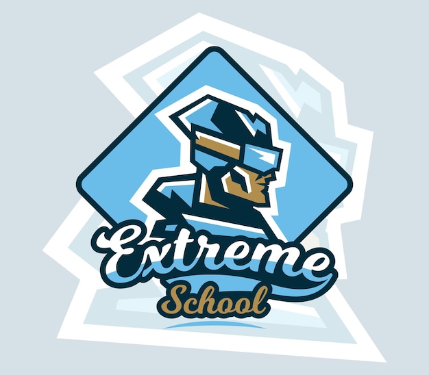 Logo op skiën Embleem de skiër gezichten in profiel skibril pet Extreme wintersport Badges schild belettering Vectorillustratie