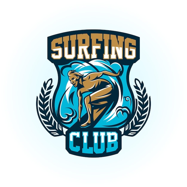 Logo op surfen Het embleem van mannelijke surfer op het bord Strand golven tropisch eiland Extreme sport Badges schild belettering Vectorillustratie
