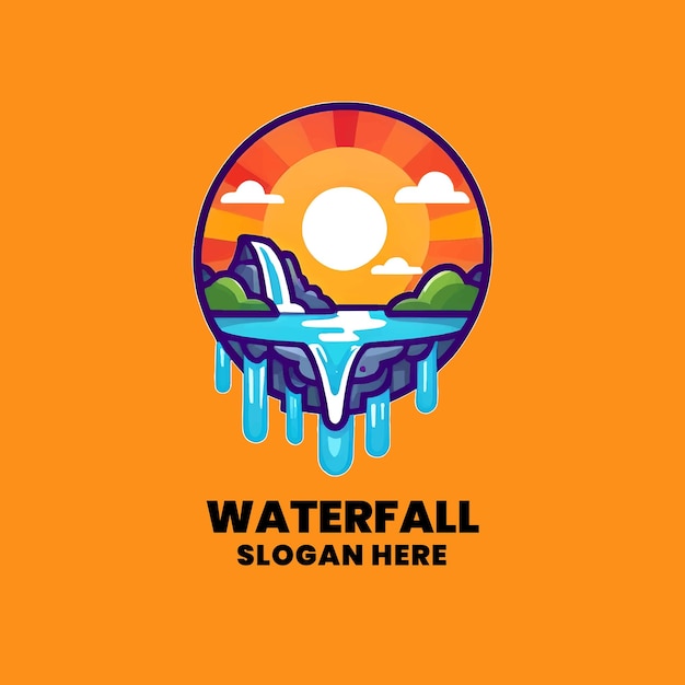 Vector logo platte zonsondergang logo met waterval