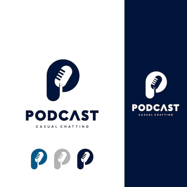 Logo-podcasts. letter p en microfoon negatieve ruimte logo ontwerp inspiratie