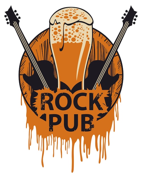 logo for a pub with a barrel of beer and guitars