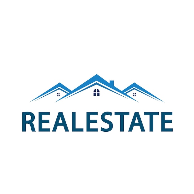 A logo for real estate that is blue and white