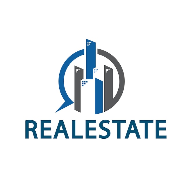 A logo for real estate with a big city in the middle.