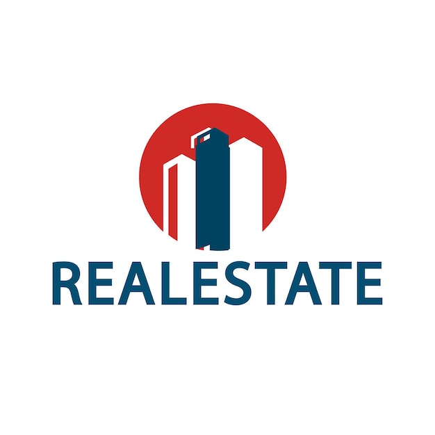 A logo for real estate with a red circle and a blue logo.