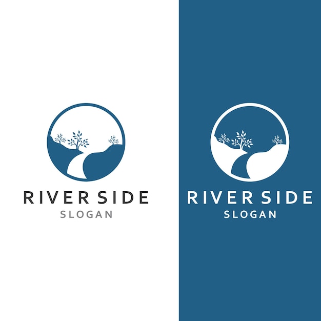 Logo's van rivieren kreken rivieroevers en beken Rivier logo met combinatie van bergen en landbouwgrond met concept vector illustratie ontwerpsjabloon