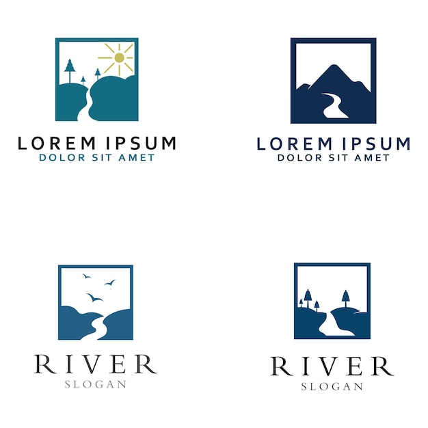 Logo's van rivieren kreken rivieroevers en beken Rivier logo met combinatie van bergen en landbouwgrond met concept vector illustratie ontwerpsjabloon