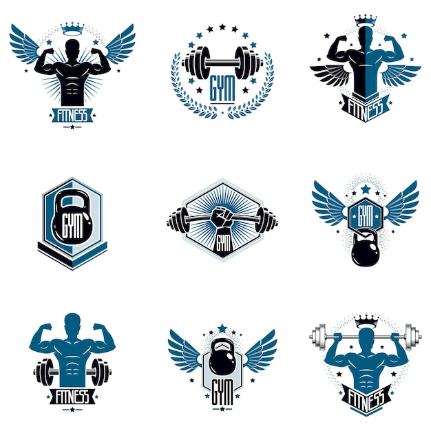 Logo's voor zwaargewicht sportschool of fitness sport gymnasium, vintage stijl vector emblemen set.