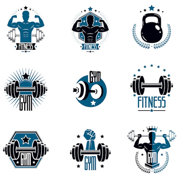 Logo's voor zwaargewicht sportschool of fitness sport gymnasium, vintage stijl vector emblemen set.