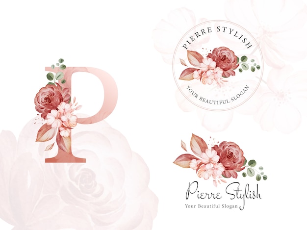 Logo set of brown watercolor floral for initial p