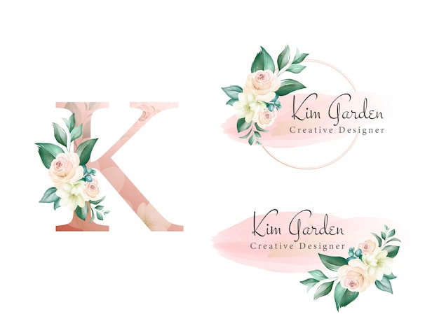 Логотип набор акварельных цветов для начального k из мягких цветов, листьев, мазка.