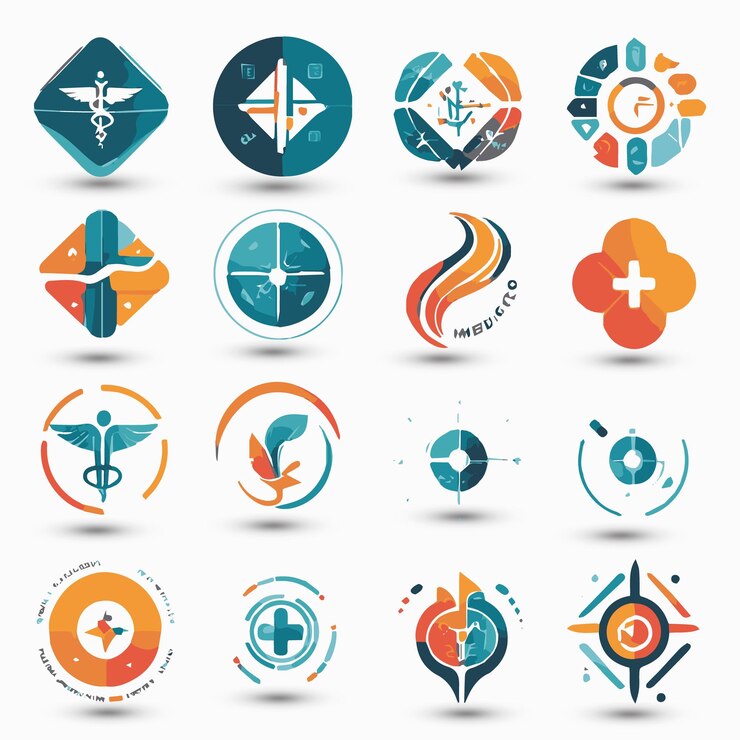 Logo set Ontwerp bedrijf medicijn logo een kleurrijk logo met een blauwe en oranje cirkel