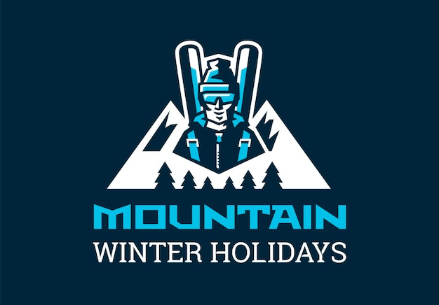 Logo for the ski resort A skier in the background of mountains and forests Nature skiing winter holiday weekend Vector illustration