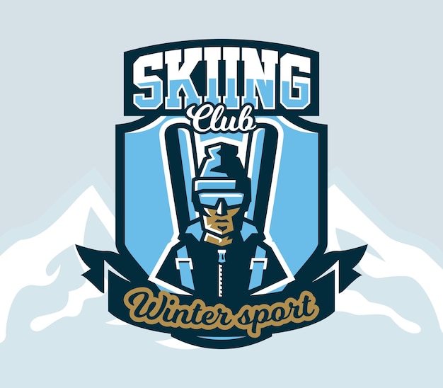 Logo skiclub embleem de skiër in een pet en ski bril rugzak en ski's Extreme wintersport geïsoleerde bergen op de achtergrond Badges schild belettering vectorillustratie