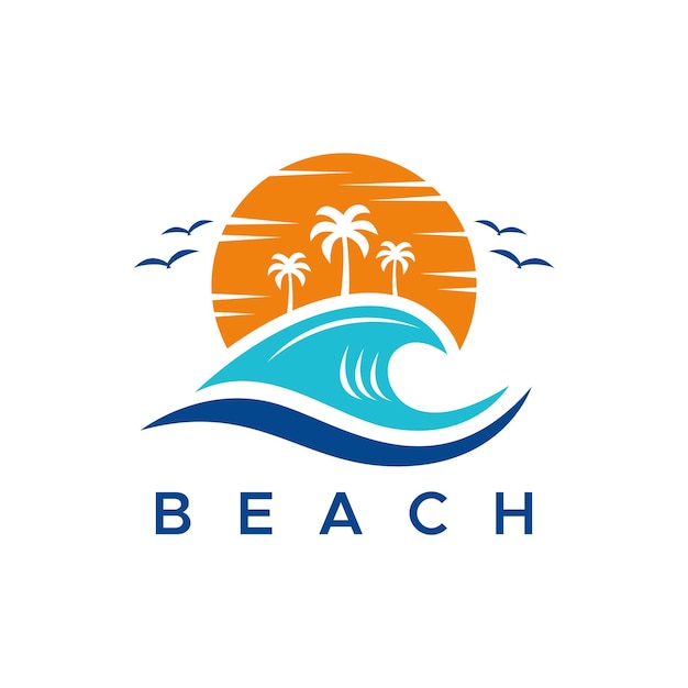 Logo summer paradise illustration beach sunset and palm tree. business resort, travel and holiday.