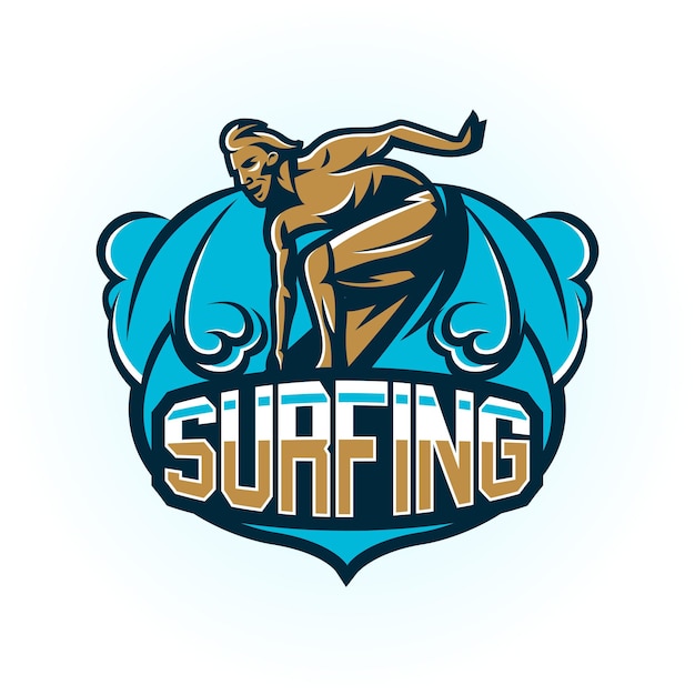 Logo sul surf l'emblema del surfista maschio sulla tavola onde della spiaggia isola tropicale sport estremo lettering illustrazione vettoriale