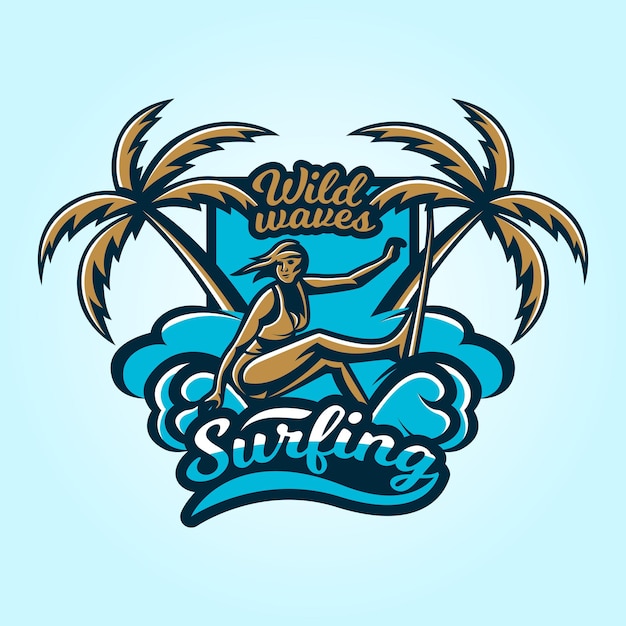 Logo on surfing Emblem surfer girl in a bathing suit Beach waves palm trees tropical island Extreme sport Badges shield lettering Vector illustration