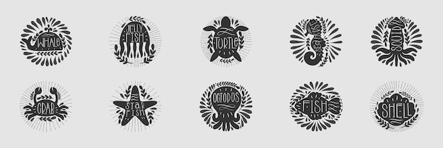 Vector logo symbol icon element setvintage hand drawn style stamp for round form