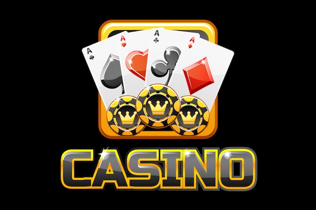 Casinò ed icona del testo di logo su fondo nero, per il gioco di ui