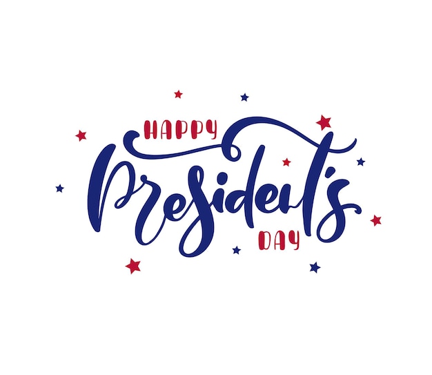 Текст логотипа счастливый день президентов сша со звездами и лентой. векторная иллюстрация рисованной надписи каллиграфический дизайн.