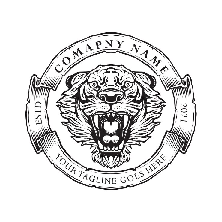 Logo tiger head with circle ribbon vintage hand drawing template