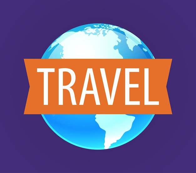 Vector logo for travel company with globe and caption travel on ribbon